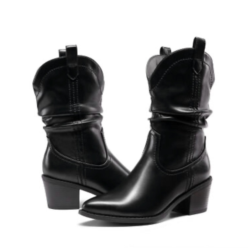 Dream Paris Women's Black Western-Inspired Mid-Calf Block Heel Boots